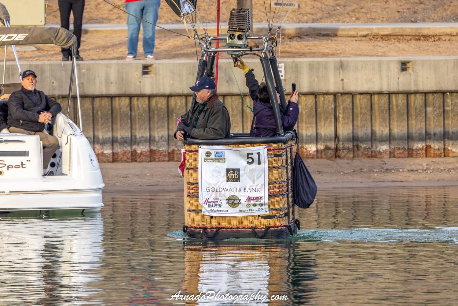 The Goldwater Bank Lake Havasu team in a hot air balloon gondola